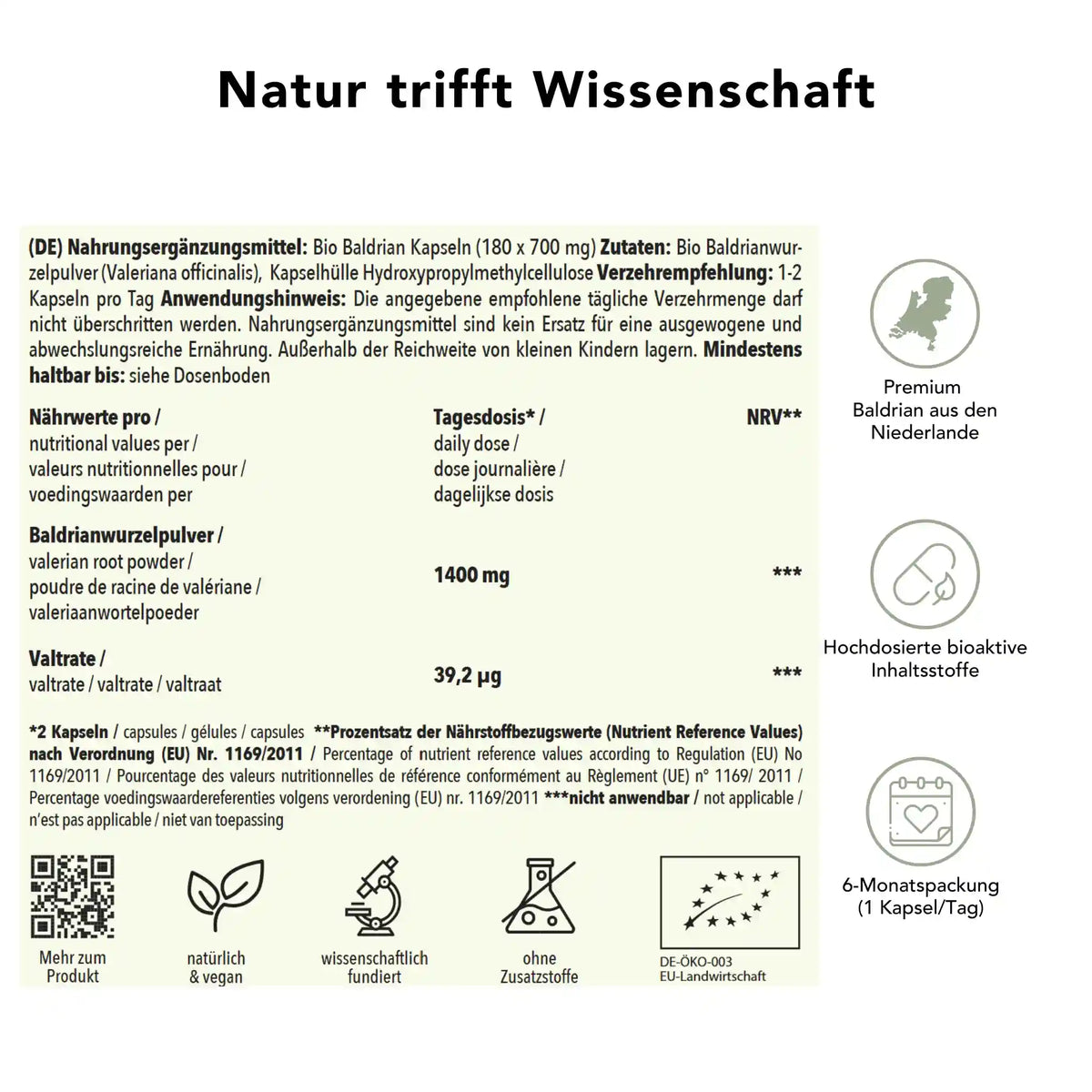 Produktinformation Bio Baldrian Kapseln: Zutaten, Tagesdosis 750 mg, Anwendungshinweise, Herkunft Niederlande, ohne Zusatzstoffe, wissenschaftlich fundiert, vegan, 6-Monatspackung