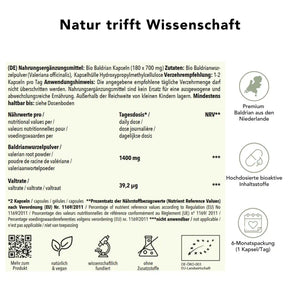 Produktinformation Bio Baldrian Kapseln: Zutaten, Tagesdosis 750 mg, Anwendungshinweise, Herkunft Niederlande, ohne Zusatzstoffe, wissenschaftlich fundiert, vegan, 6-Monatspackung