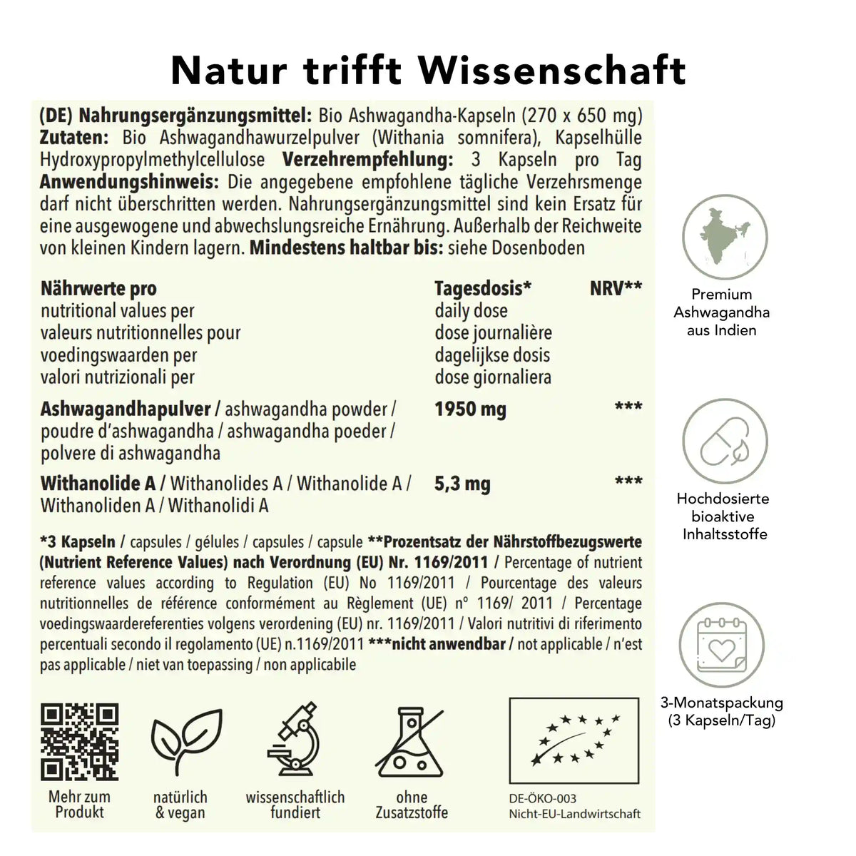 Produktinformation Bio Ashwagandha Kapseln: Zutaten, Tagesdosis 1950 mg, Anwendungshinweise, Herkunft China, ohne Zusatzstoffe, wissenschaftlich fundiert, vegan, 3-Monatspackung
