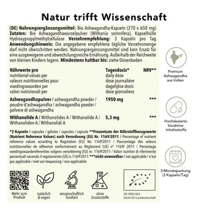 Produktinformation Bio Ashwagandha Kapseln: Zutaten, Tagesdosis 1950 mg, Anwendungshinweise, Herkunft China, ohne Zusatzstoffe, wissenschaftlich fundiert, vegan, 3-Monatspackung
