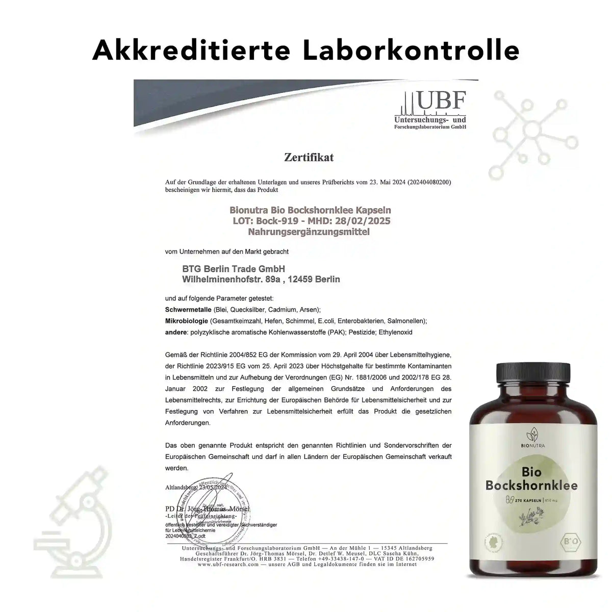 Zertifikat zur akkreditierten Laborkontrolle für Bio Bockshornklee_Kapseln – geprüft auf Schwermetalle, Mikrobiologie und Rückstände laut EU-Richtlinien