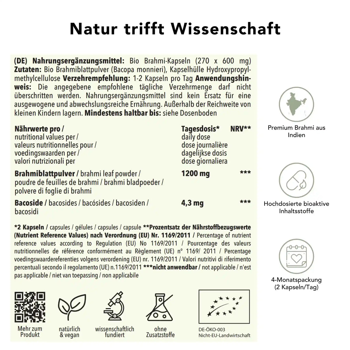 Produktinformation Bio Brahmi Kapseln: Zutaten, Tagesdosis 1200 mg, Anwendungshinweise, Herkunft Indien, ohne Zusatzstoffe, wissenschaftlich fundiert, vegan, 4-Monatspackung

