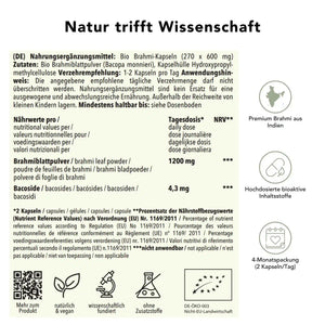 Produktinformation Bio Brahmi Kapseln: Zutaten, Tagesdosis 1200 mg, Anwendungshinweise, Herkunft Indien, ohne Zusatzstoffe, wissenschaftlich fundiert, vegan, 4-Monatspackung
