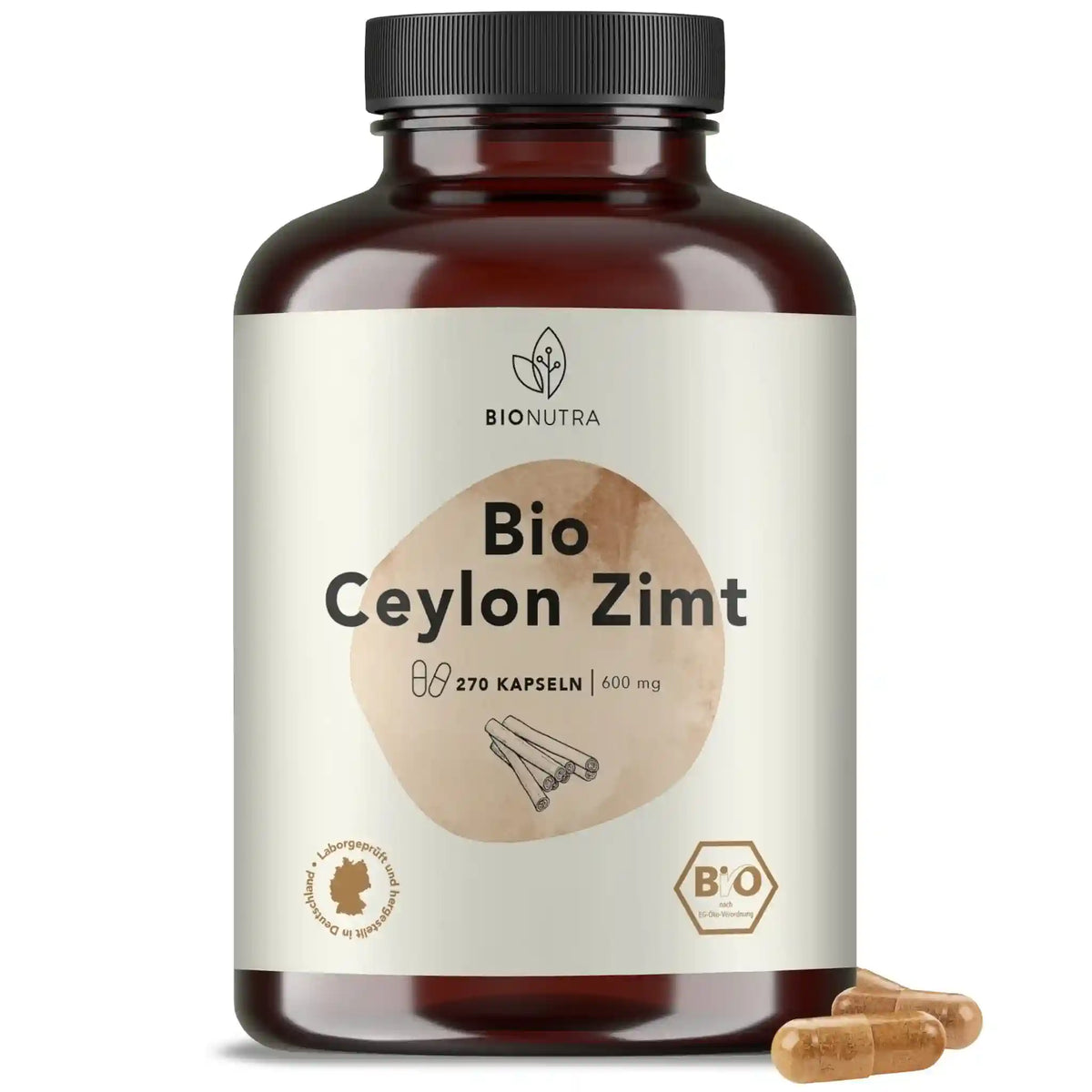Ceylon Zimt Kapseln –hochdosiert, 270 Stück in brauner PET-Dose, 600 mg pro Kapsel