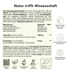 Ceylon Zimt Kapseln Etikett
Produktinformation Ceylon Zimt Kapseln: Zutaten, Tagesdosis 1200 mg, Anwendungshinweise, Herkunft Seychellen, ohne Zusatzstoffe, wissenschaftlich fundiert, vegan, 4-Monatspackung