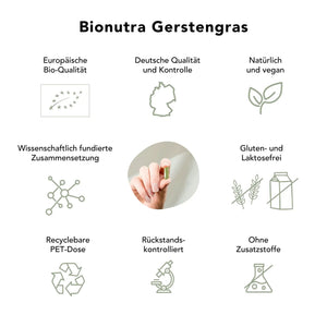 Gerstengras Kapseln: bio, vegan, rueckstandskontroliert, ohne Zusatzstoffe, Gluten und Laktosefrei