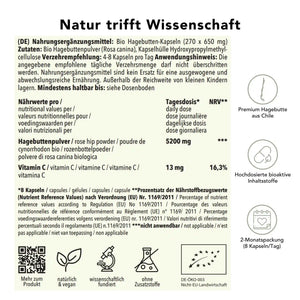 Produktinformation Bio Hagebutten Kapseln: Zutaten, Tagesdosis, Anwendungshinweise, Herkunft Chile, ohne Zusatzstoffe, wissenschaftlich fundiert, vegan, 3-Monatspackung
