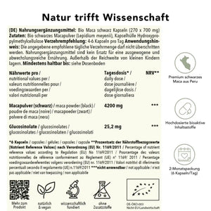 Produktinformation Bio schwarze maca Kapseln: Zutaten, Tagesdosis 4200 mg, Anwendungshinweise, Herkunft Peru, ohne Zusatzstoffe, wissenschaftlich fundiert, vegan, 2-Monatspackung
