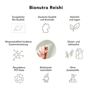 Bio Reishi Kapseln Qualitätsversprechen : europäische Bio-Qualität, deutsche Herstellung, vegan, wissenschaftlich fundiert, rückstandskontrolliert, ohne Zusatzstoffe, gluten- und laktosefrei, recyclebare PET-Dose