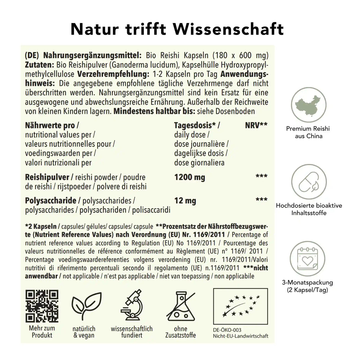 Produktinformation Bio Reishi Pilz Kapseln: Zutaten, Tagesdosis, Anwendungshinweise, Herkunft, ohne Zusatzstoffe, wissenschaftlich fundiert, vegan, 3-Monatspackung