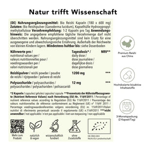 Produktinformation Bio Reishi Pilz Kapseln: Zutaten, Tagesdosis, Anwendungshinweise, Herkunft, ohne Zusatzstoffe, wissenschaftlich fundiert, vegan, 3-Monatspackung