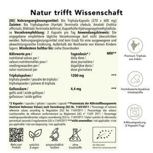 Produktinformation Bio Triphala_Kapseln: Zutaten, Tagesdosis 600 mg, Anwendungshinweise, Herkunft Indien, ohne Zusatzstoffe, wissenschaftlich fundiert, vegan, 4-Monatspackung