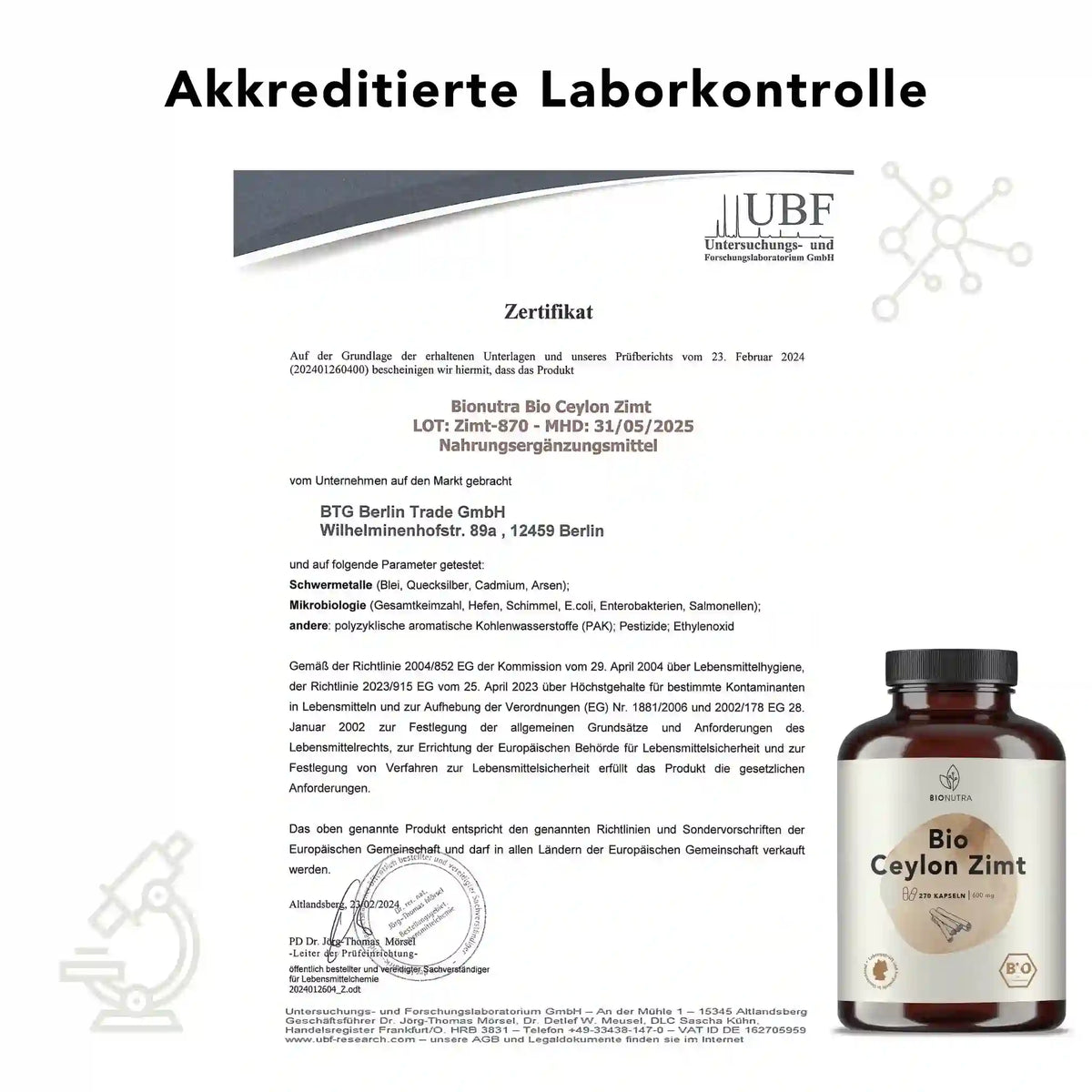 Zertifikat zur akkreditierten Laborkontrolle für Ceylon Zimt Kapseln – geprüft auf Schwermetalle, Mikrobiologie und Rückstände laut EU-Richtlinien