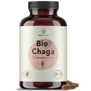 bio chaga pilz kapseln, hochdosiert, 180 Stück in brauner PET-Dose, 600 mg pro Kapsel

