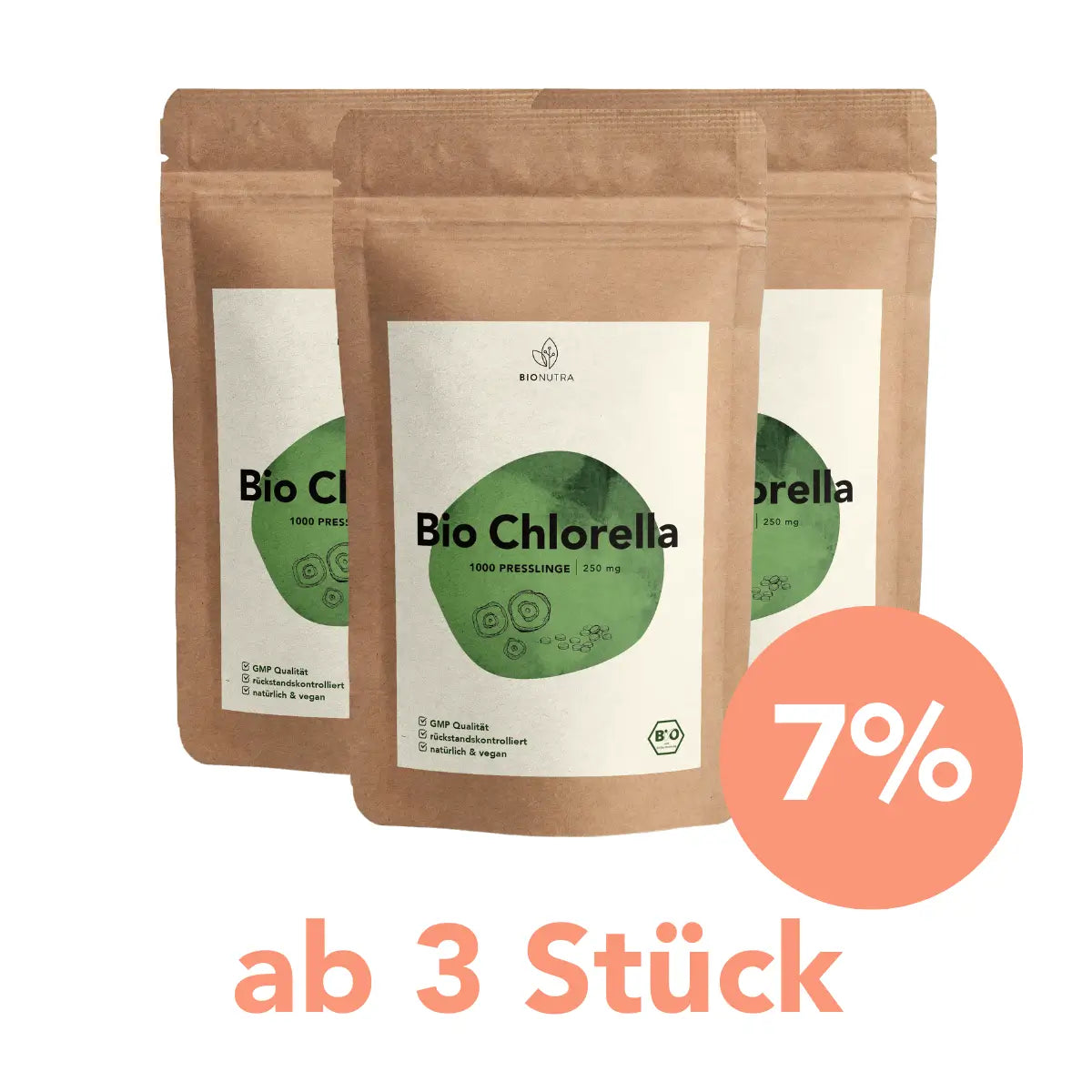 Sparangebot Chlorella Presslinge – 3er-Pack mit 7 % Rabatt ab 3 Stück, je 250 g Beutel