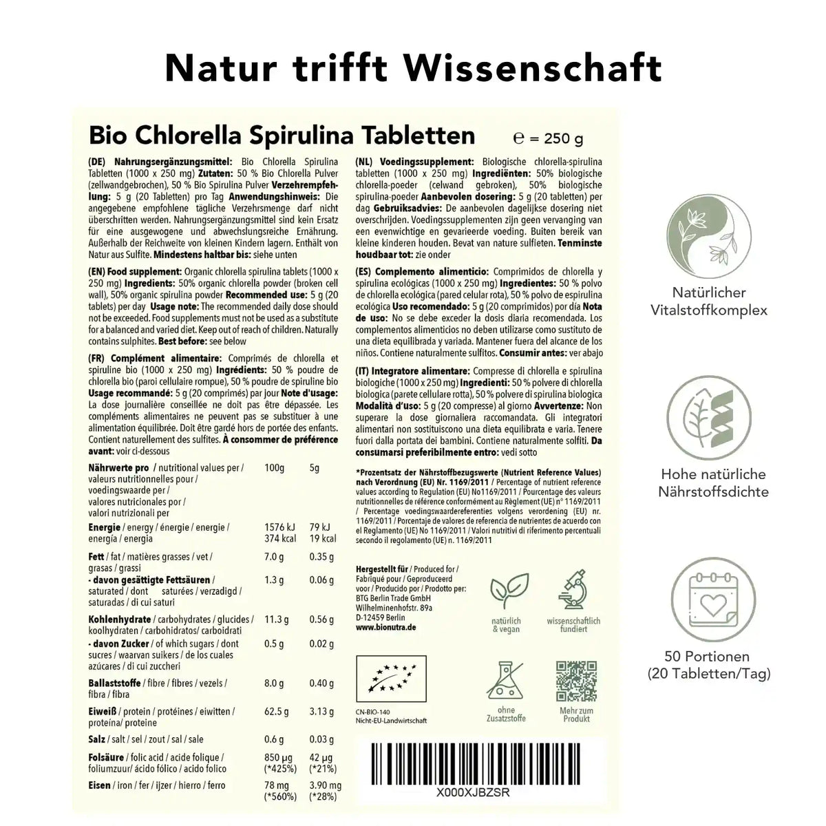 Produktinformation Chlorella Spirulina Tabletten – Nährwerte, Zutaten, Anwendung, 250 g, natürliche Quelle für B-Vitamine, vegan, 50 Portionen