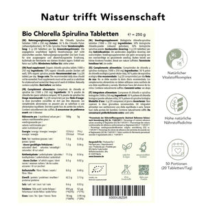 Produktinformation Chlorella Spirulina Tabletten – Nährwerte, Zutaten, Anwendung, 250 g, natürliche Quelle für B-Vitamine, vegan, 50 Portionen