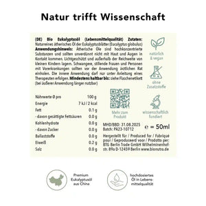 Bio Eukalyptusöl – Produktinfo mit Anwendungshinweis, Nährwerten und Inhaltsstoffen, 50 ml hochdosiertes ätherisches Öl in Lebensmittelqualität, vegan und ohne Zusatzstoffe