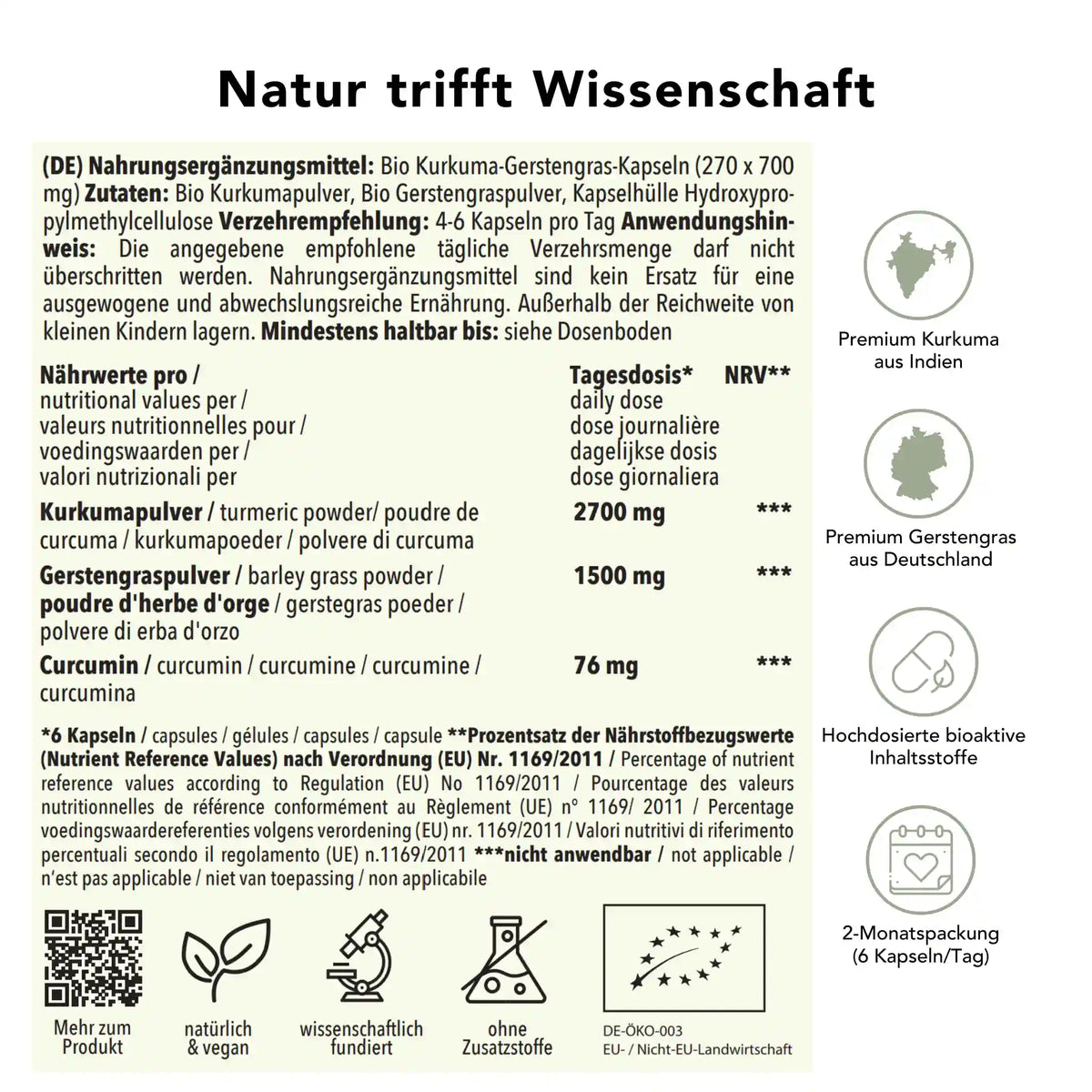 Produktinformation Bio Kurkuma Gerstengra Kapseln: Zutaten, Tagesdosis 4200 mg, Anwendungshinweise, Herkunft Indien, ohne Zusatzstoffe, wissenschaftlich fundiert, vegan, 2-Monatspackung