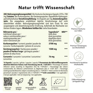 Produktinformation Bio Kurkuma Gerstengra Kapseln: Zutaten, Tagesdosis 4200 mg, Anwendungshinweise, Herkunft Indien, ohne Zusatzstoffe, wissenschaftlich fundiert, vegan, 2-Monatspackung