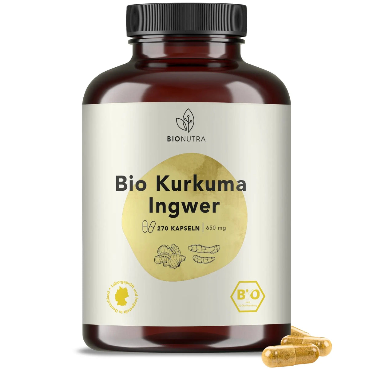 Bio Kurkma Ingwer_Kapseln–hochdosiert, 270 Stück in brauner PET-Dose, 650 mg pro Kapsel