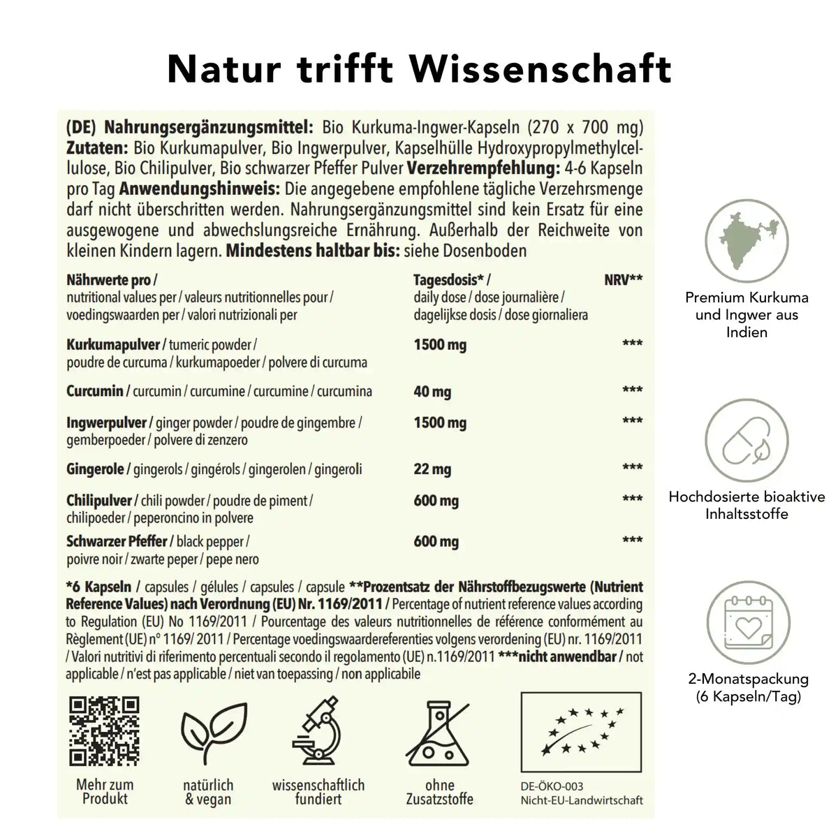 Produktinformation Bio Kurkma Ingwer Kapseln: Zutaten, Tagesdosis, Anwendungshinweise, Herkunft Indien &  China, ohne Zusatzstoffe, wissenschaftlich fundiert, vegan, 2-Monatspackung