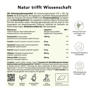 Produktinformation Bio Kurkma Ingwer Kapseln: Zutaten, Tagesdosis, Anwendungshinweise, Herkunft Indien &  China, ohne Zusatzstoffe, wissenschaftlich fundiert, vegan, 2-Monatspackung