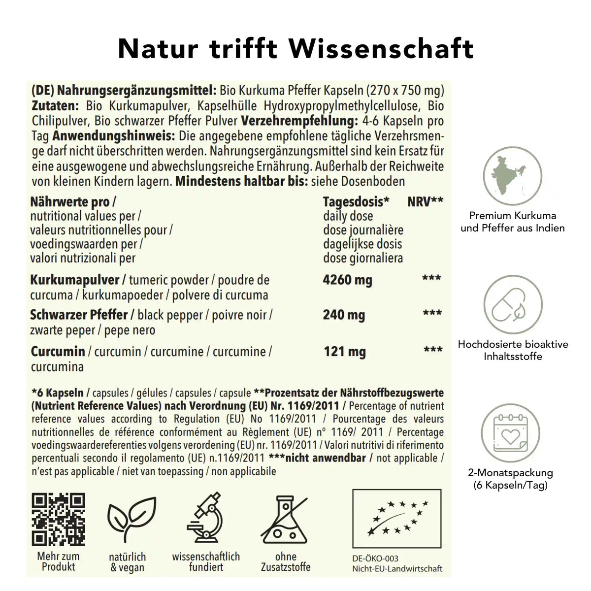Produktinformation Bio Kurkuma Pfeffer Kapseln: Zutaten, Tagesdosis 4500 mg, Anwendungshinweise, Herkunft Indien, ohne Zusatzstoffe, wissenschaftlich fundiert, vegan, 2-Monatspackung
