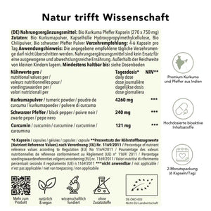 Produktinformation Bio Kurkuma Pfeffer Kapseln: Zutaten, Tagesdosis 4500 mg, Anwendungshinweise, Herkunft Indien, ohne Zusatzstoffe, wissenschaftlich fundiert, vegan, 2-Monatspackung
