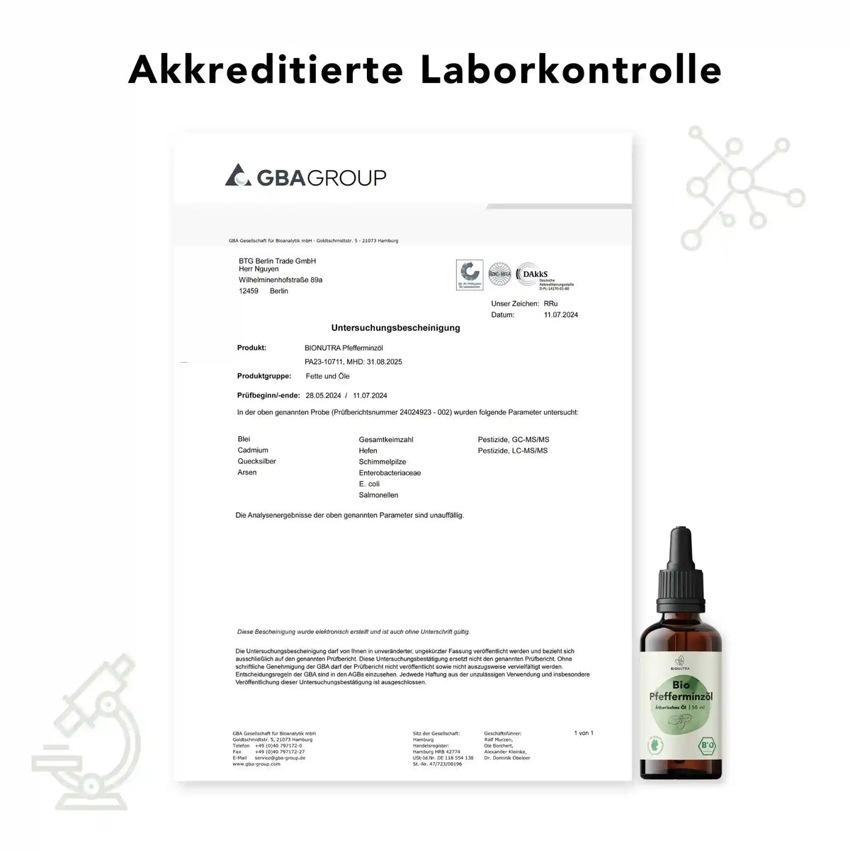 Untersuchungsbescheinigung für Bio Pfefferminzoel – akkreditierte Laboranalyse durch GBA Group zu Schwermetallen, Mikrobiologie und Rückständen, geprüft nach Lebensmittelstandard