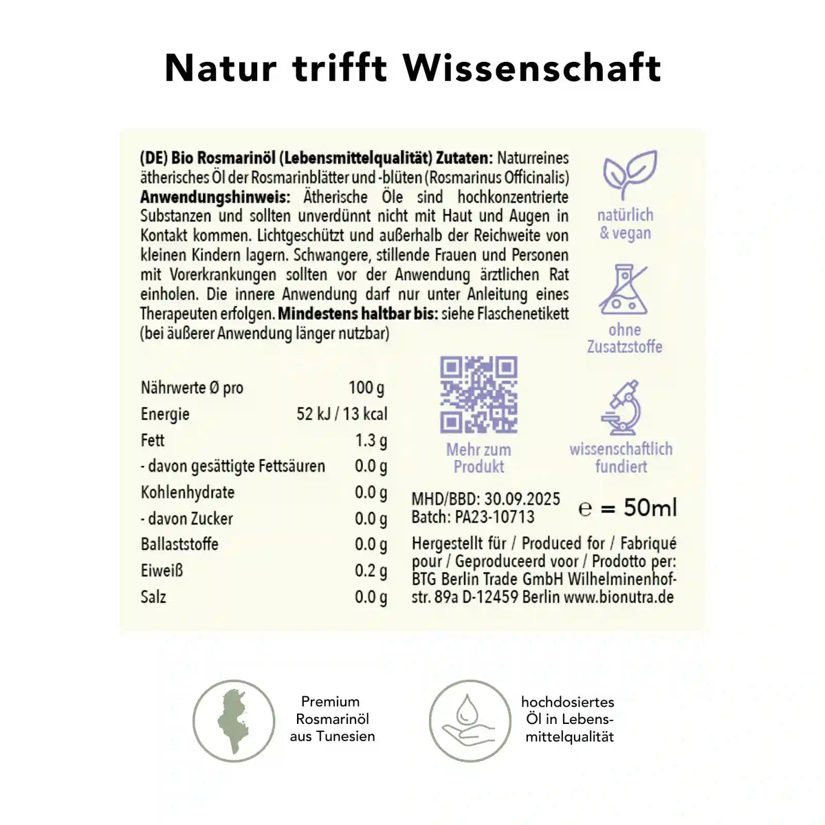 Bio Rosmarinoel – Produktinfo mit Anwendungshinweis, Nährwerten und Inhaltsstoffen, 50 ml hochdosiertes ätherisches Öl in Lebensmittelqualität, vegan und ohne Zusatzstoffe