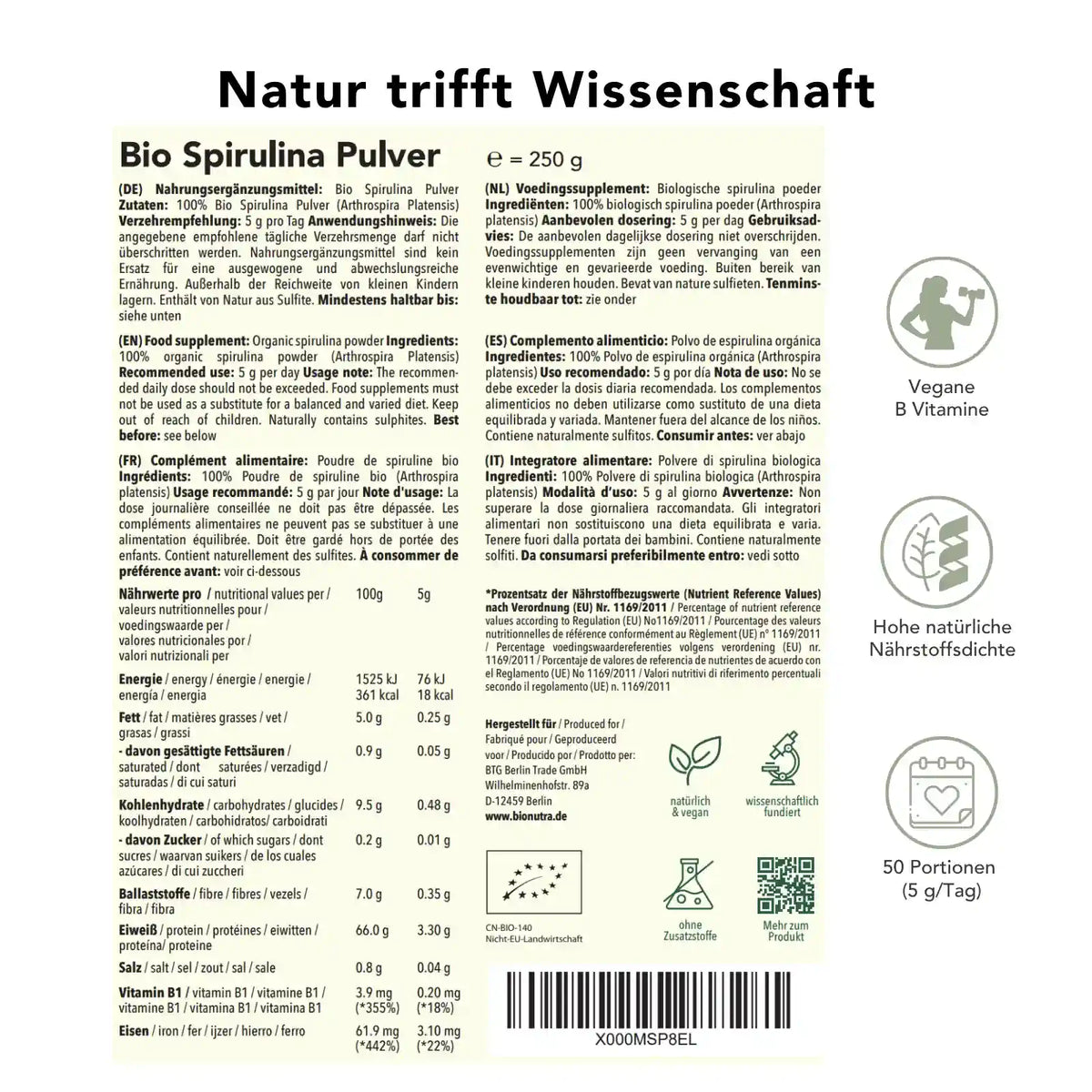 Bio Spirulina Pulver – Produktinformation mit Zutaten, Nährwerten, Anwendungsempfehlung und Portionenübersicht für 250 g, vegane Quelle natürlicher Nährstoffe