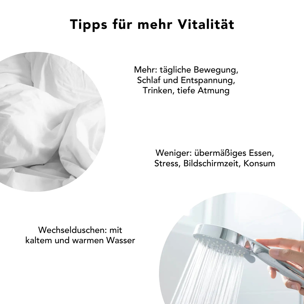 Vitalität fördern: mehr Bewegung, Schlaf, Atmung, Wechselduschen; weniger Stress, Konsum und Bildschirmzeit