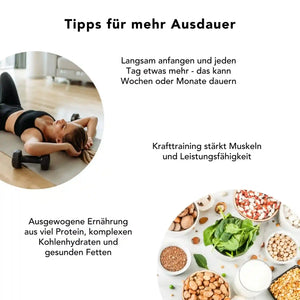 Frau beim Training auf Matte, dazu Lebensmittel wie Spinat, Nuesse und Bohnen – kombiniert mit Tipps zu Krafttraining, Proteinen und Maca Schwarz Kapseln fuer mehr Ausdauer
