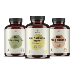 Winterprotection Set enthält Bio Kurkuma Ingwer Kapseln, Bio Gerstengras Kapseln, Bio Hagebutte Kapseln
