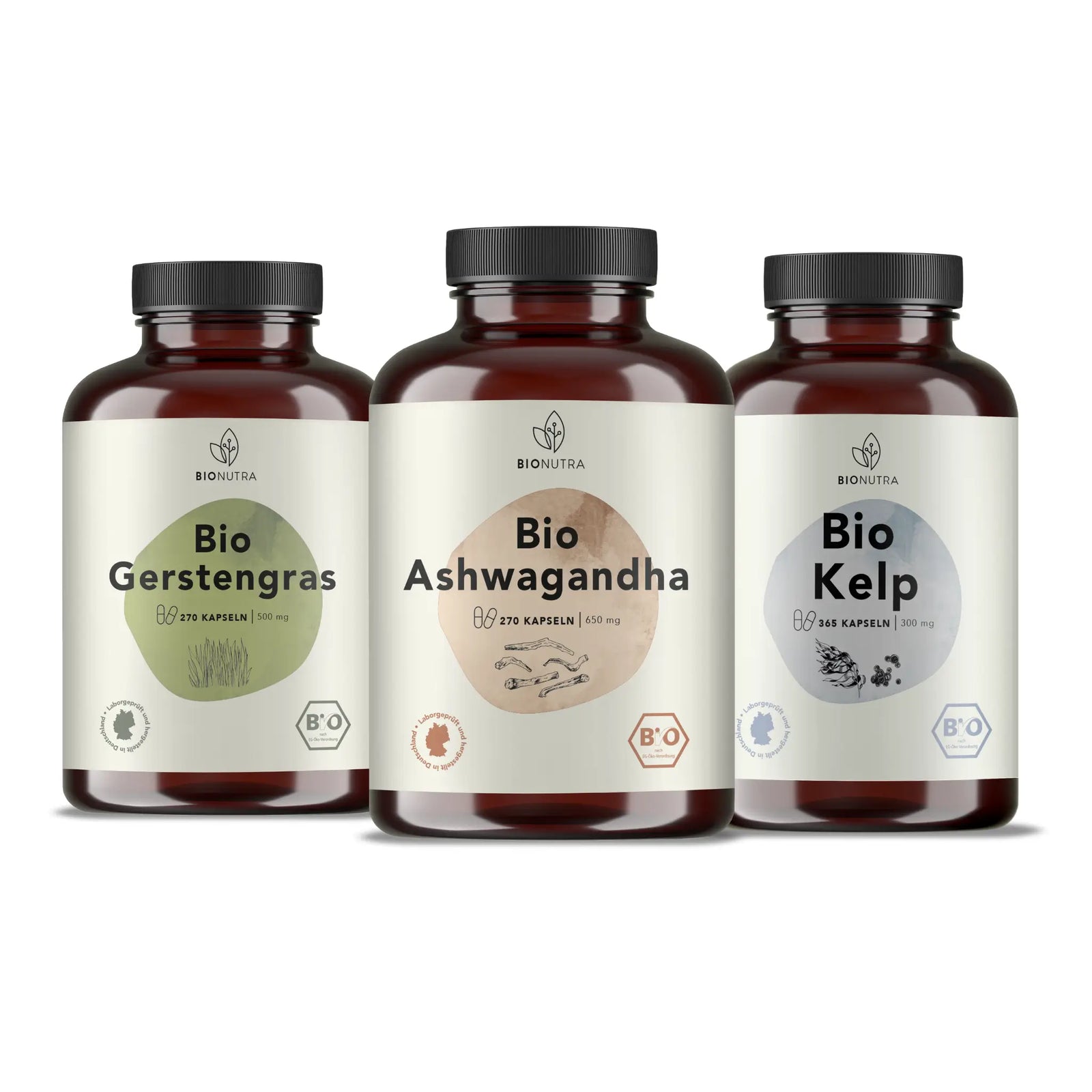 Das Anti-Stress-Set enthält Bio-Gerstengras-, Bio-Ashwagandha- und Bio-Kelp-Algen-Kapseln. Es ist vegan, hochdosiert und frei von Zusätzen.