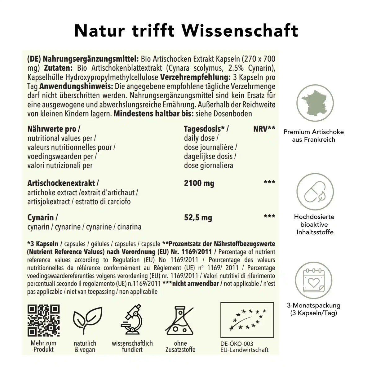 Produktinformation Bio artischoke_extrakt_kapseln: Zutaten, Tagesdosis 2100 mg, Anwendungshinweise, Herkunft Indien, ohne Zusatzstoffe, wissenschaftlich fundiert, vegan, 2-Monatspackung