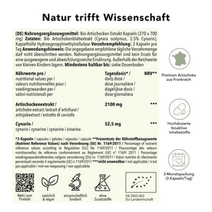 Produktinformation Bio artischoke_extrakt_kapseln: Zutaten, Tagesdosis 2100 mg, Anwendungshinweise, Herkunft Indien, ohne Zusatzstoffe, wissenschaftlich fundiert, vegan, 2-Monatspackung