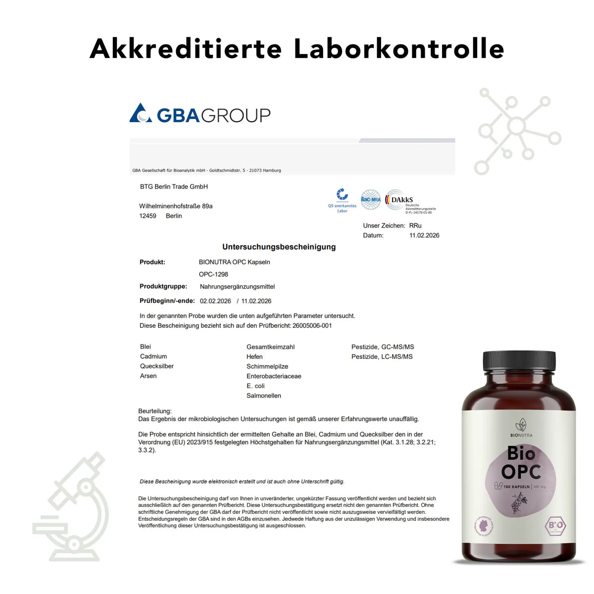 Zertifikat zur akkreditierten Laborkontrolle für Bio opc Kapseln– geprüft auf Schwermetalle, Mikrobiologie und Rückstände laut EU-Richtlinien
