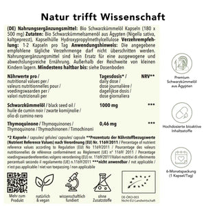 Produktinformation Bio Schwarzkümmelöl Kapseln: Zutaten, Tagesdosis 1440 mg, Anwendungshinweise, Herkunft Ägypten, ohne Zusatzstoffe, wissenschaftlich fundiert, vegan, 6-Monatspackung