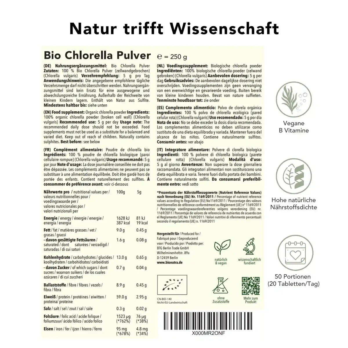 Produktinformation Chlorella Pulver – Nährwerte, Zutaten, Anwendung, 250 g, natürliche Quelle für Chlorophyll, Eisen und B-Vitamine, vegan, 50 Portionen