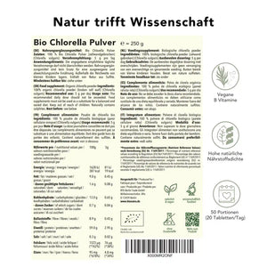 Produktinformation Chlorella Pulver – Nährwerte, Zutaten, Anwendung, 250 g, natürliche Quelle für Chlorophyll, Eisen und B-Vitamine, vegan, 50 Portionen