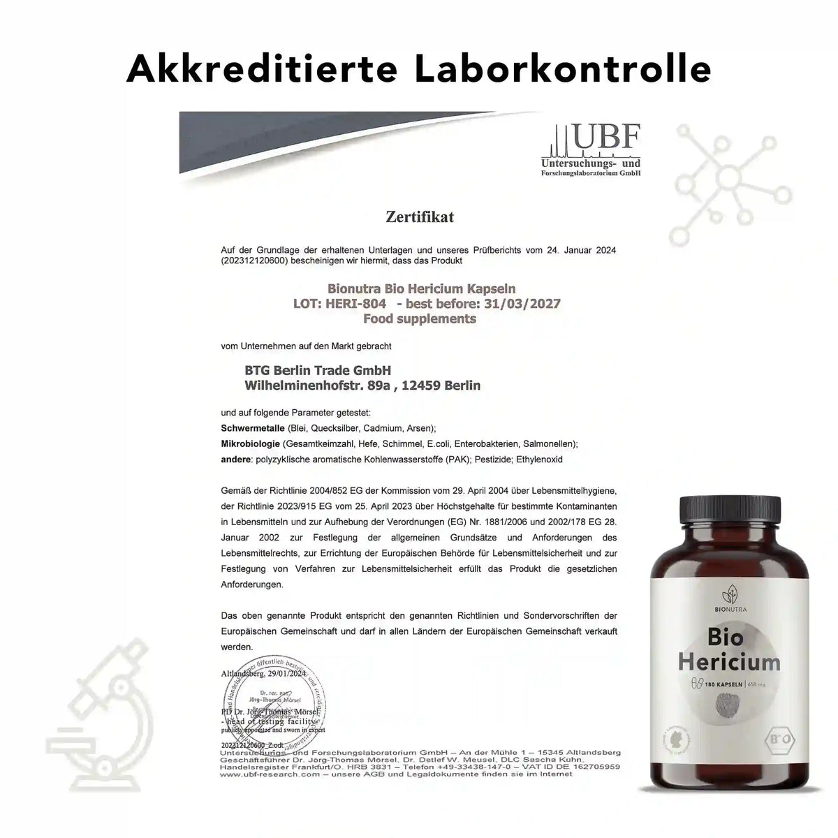 Zertifikat zur akkreditierten Laborkontrolle für Bio hericium_kapseln– geprüft auf Schwermetalle, Mikrobiologie und Rückstände laut EU-Richtlinien
